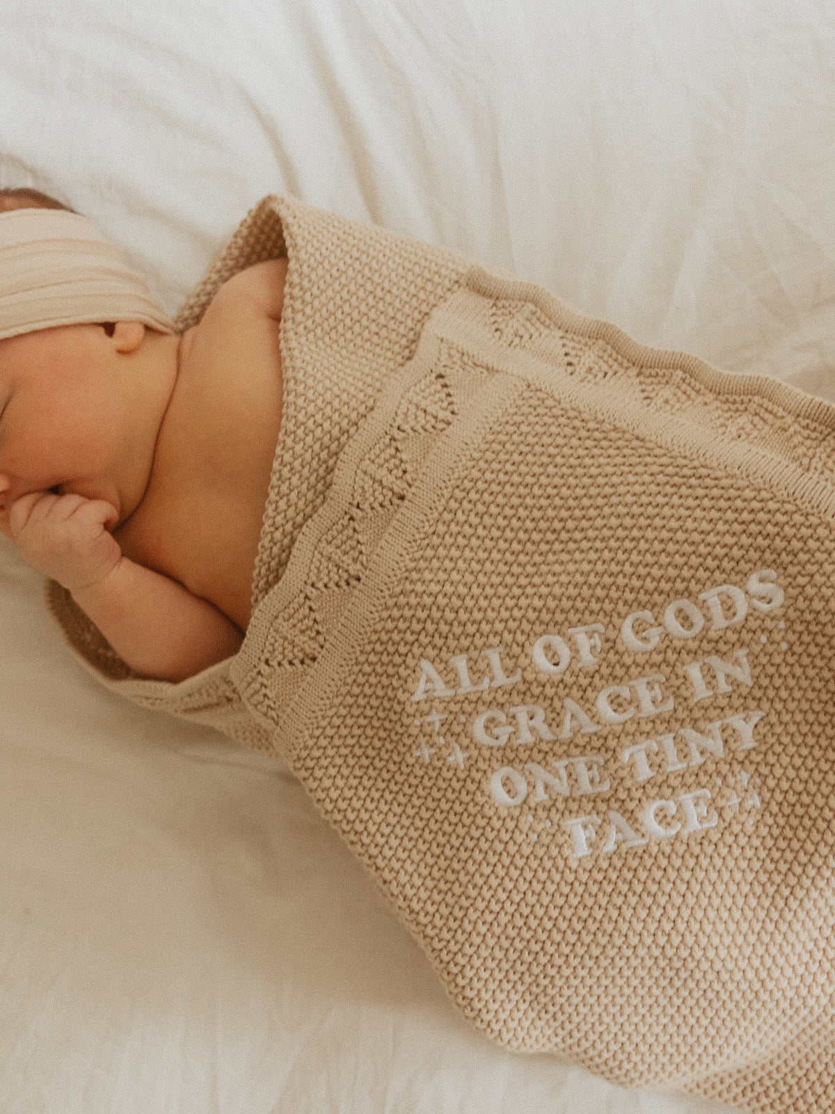 All of Gods Grace in One Tiny Face Tan Knit Blanket