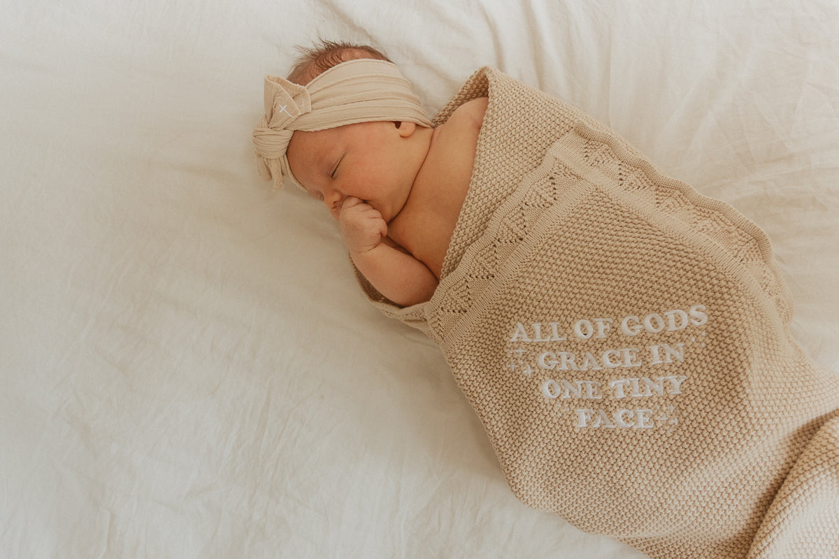 All of Gods Grace in One Tiny Face Tan Knit Blanket
