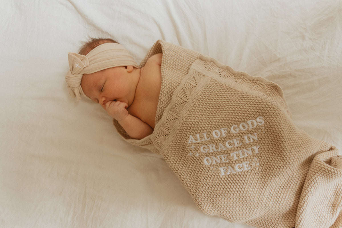 All of Gods Grace in One Tiny Face Tan Knit Blanket