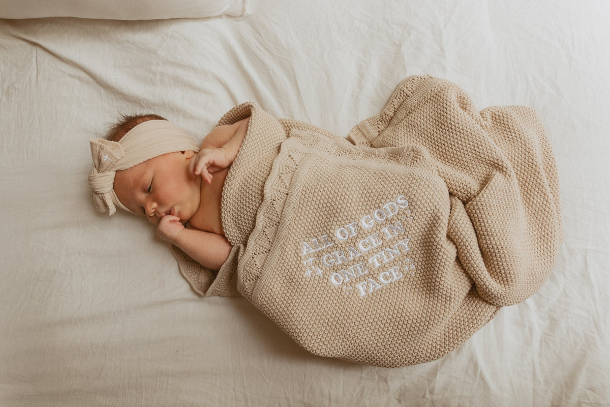 All of Gods Grace in One Tiny Face Tan Knit Blanket