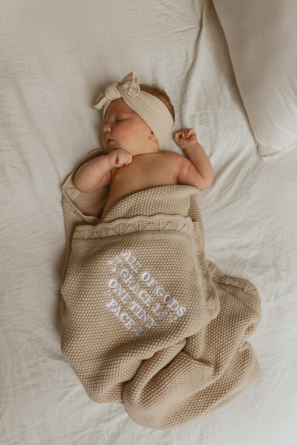 All of Gods Grace in One Tiny Face Tan Knit Blanket