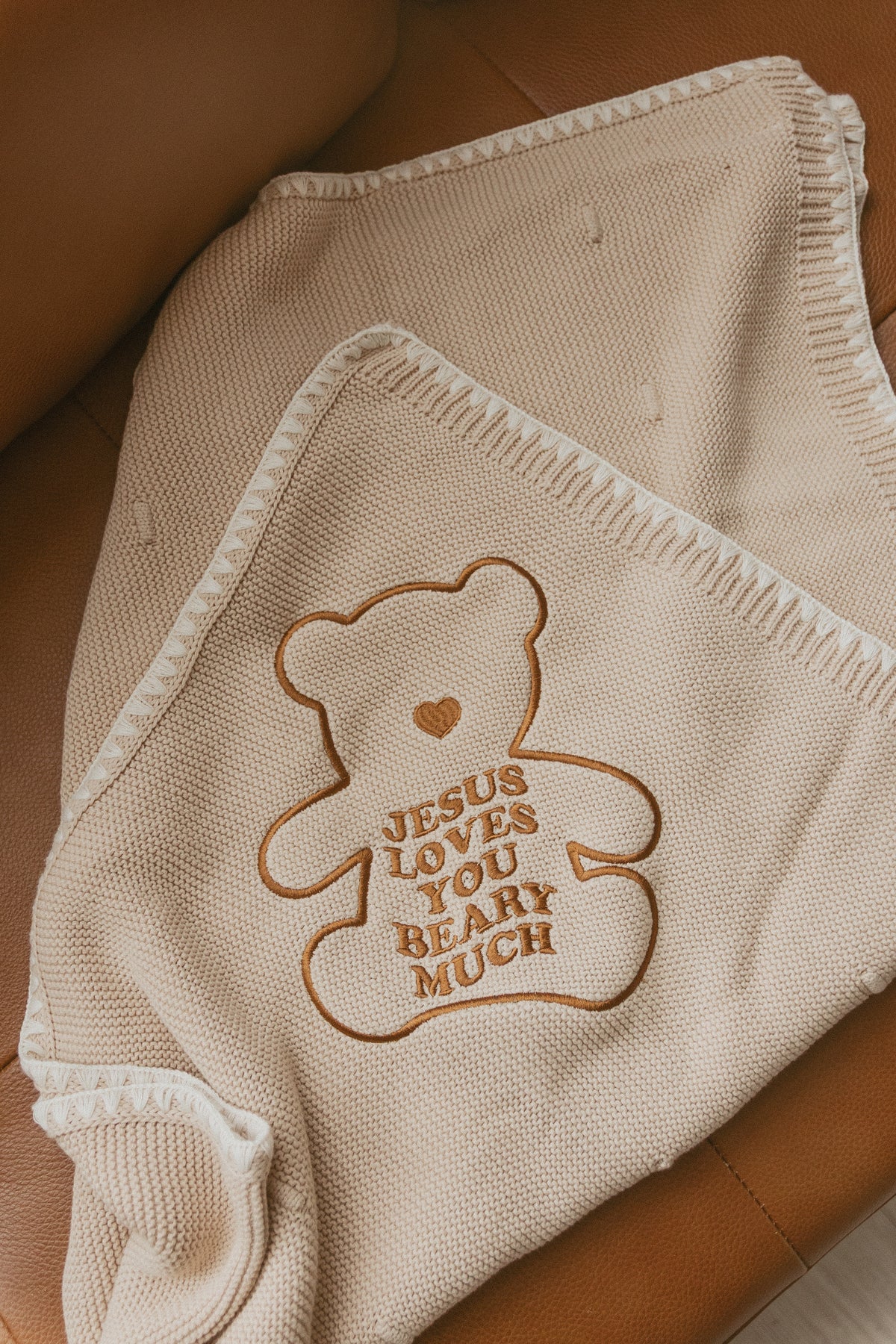 Jesus Loves You Beary Much Knit Blanket