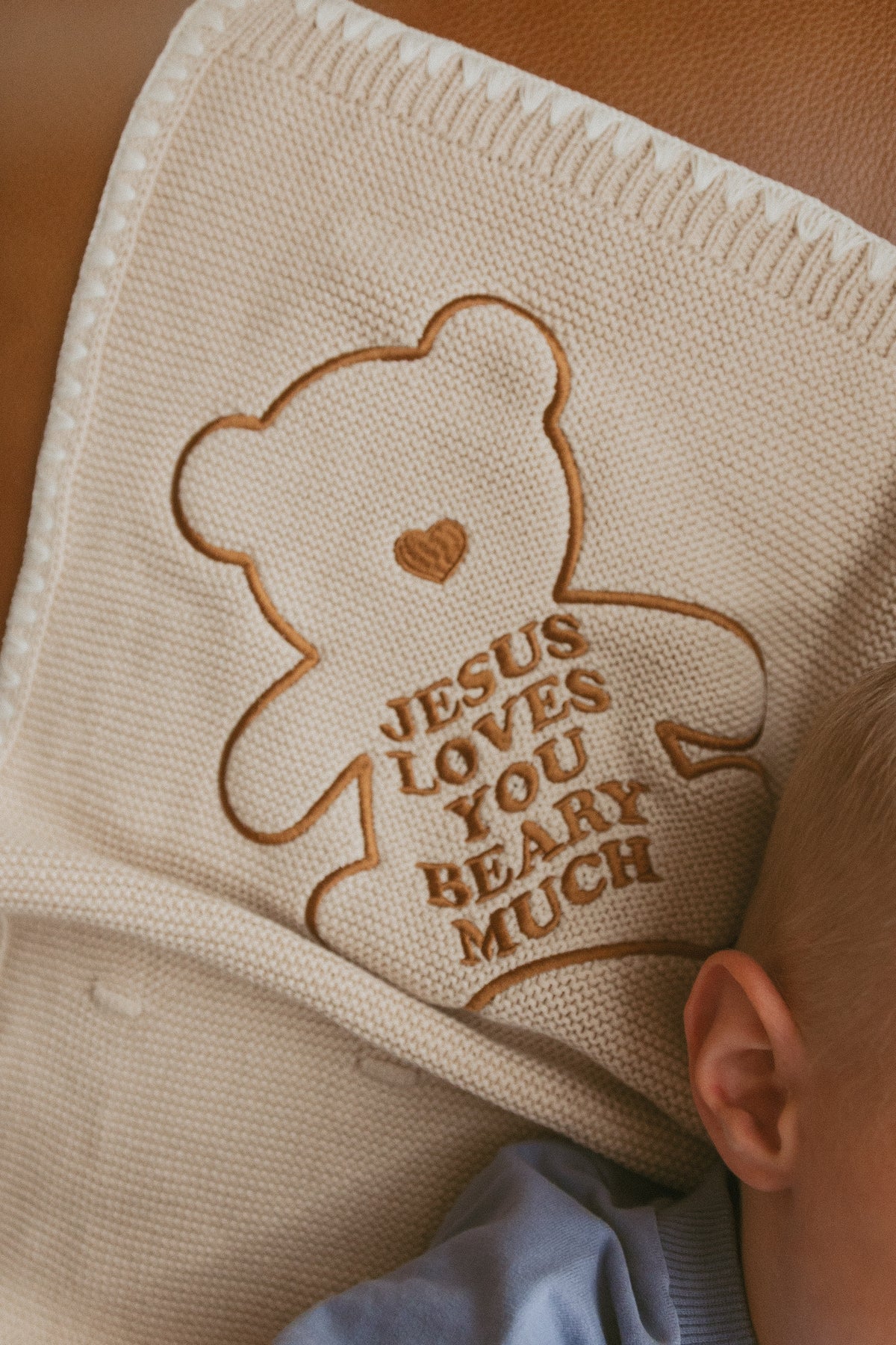 Jesus Loves You Beary Much Knit Blanket