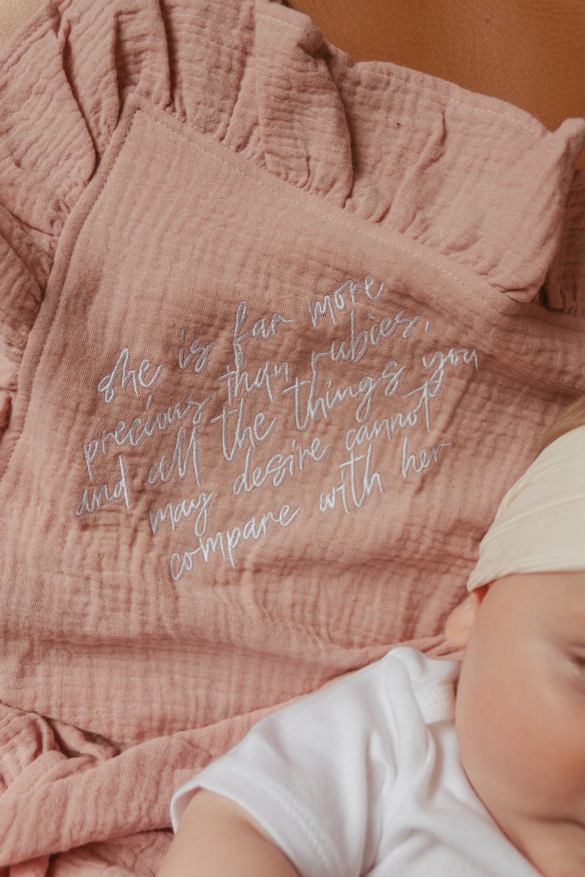She is Far More Precious Ruffle Swaddle Blanket