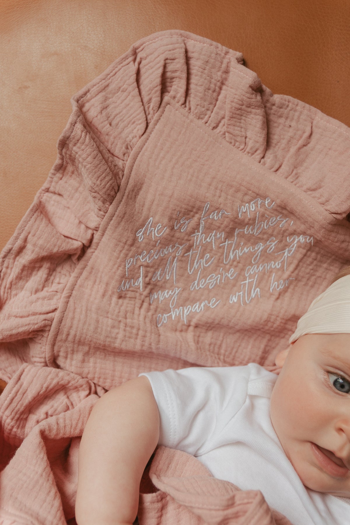 She is Far More Precious Ruffle Swaddle Blanket