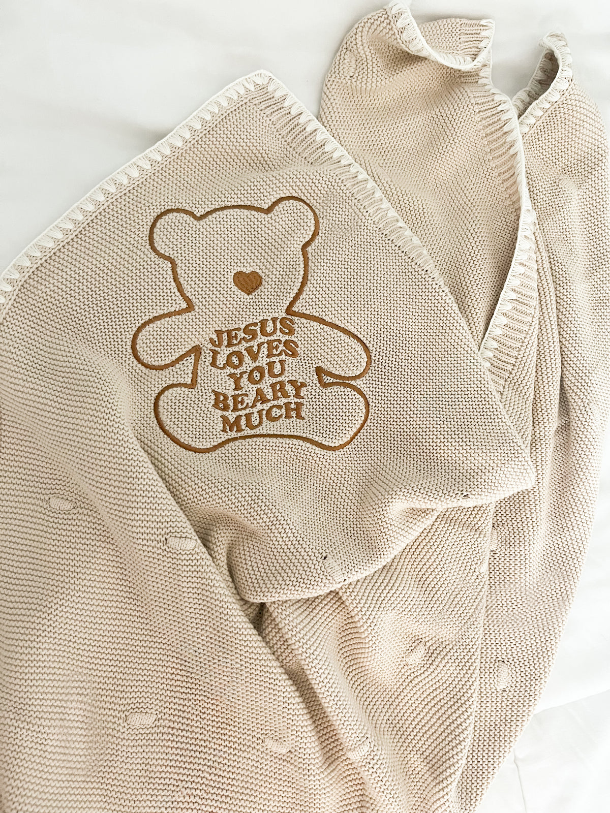 Jesus Loves You Beary Much Knit Blanket