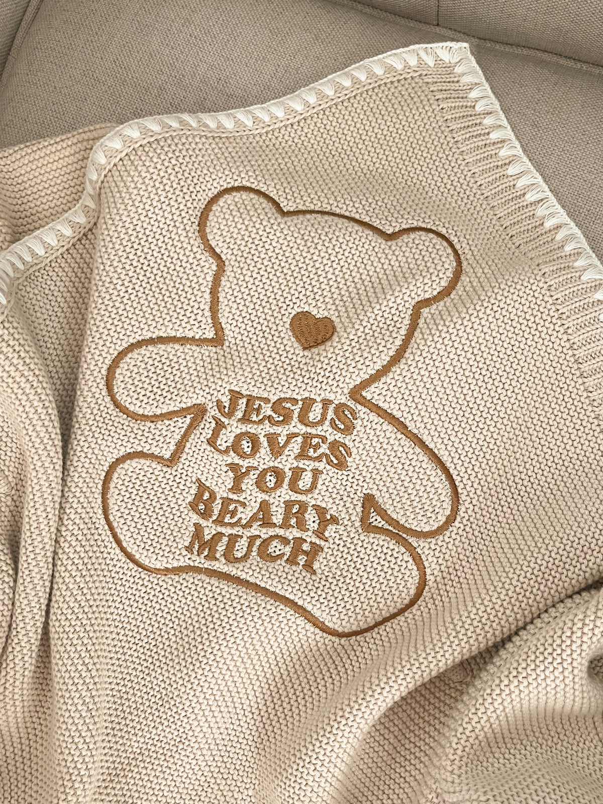 Jesus Loves You Beary Much Knit Blanket