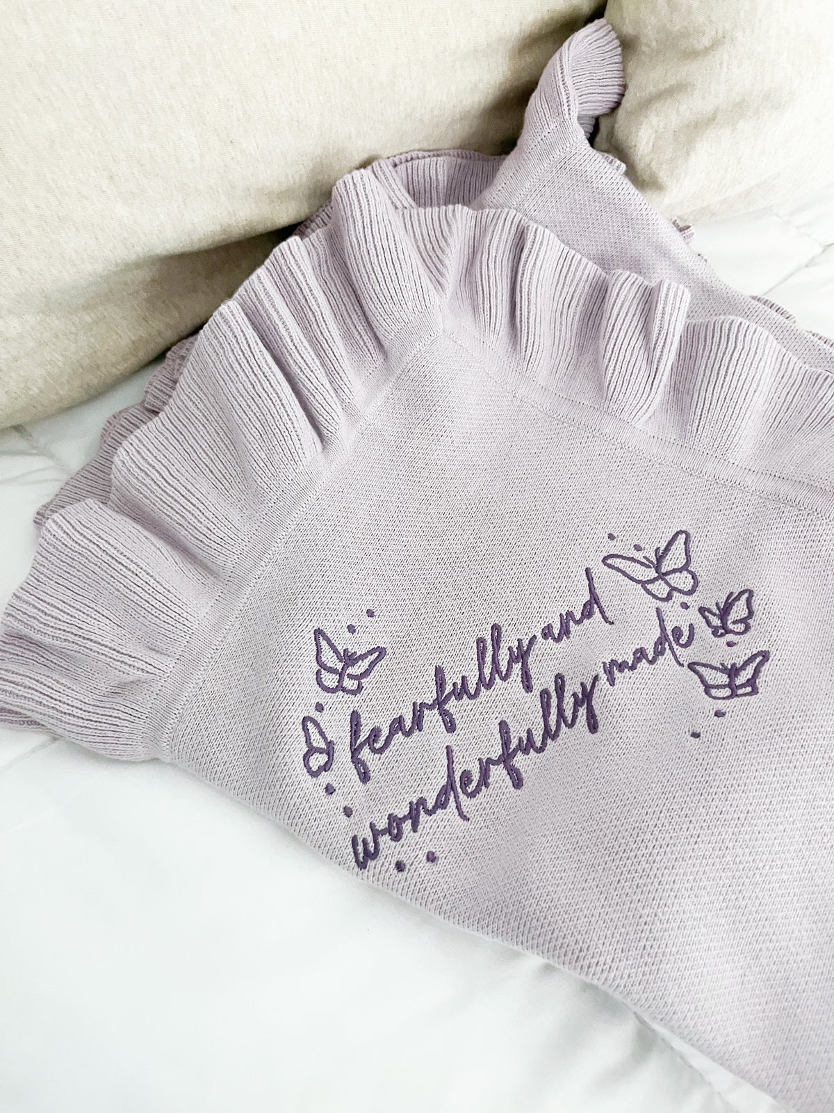 Fearfully and Wonderfully Made Knit Ruffled Blanket