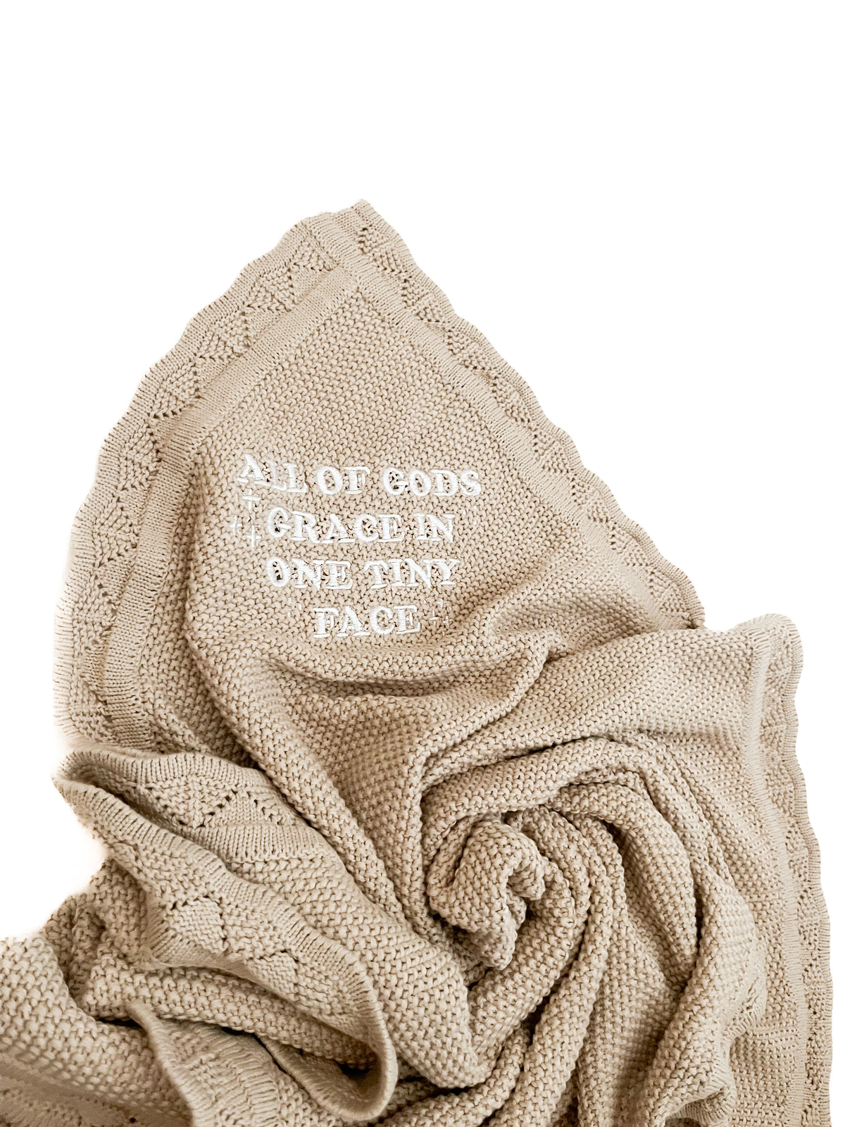 All of Gods Grace in One Tiny Face Tan Knit Blanket