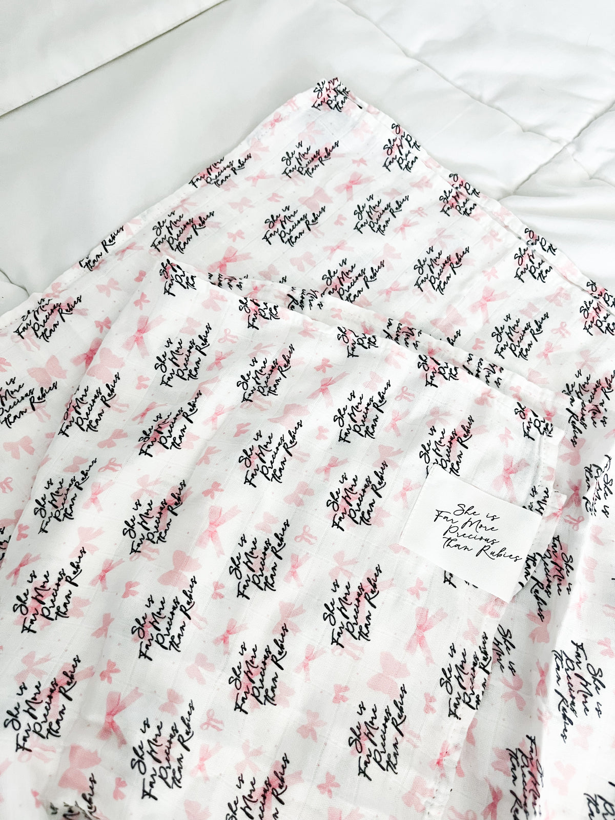 She is Far More Precious Bow Swaddle Blanket