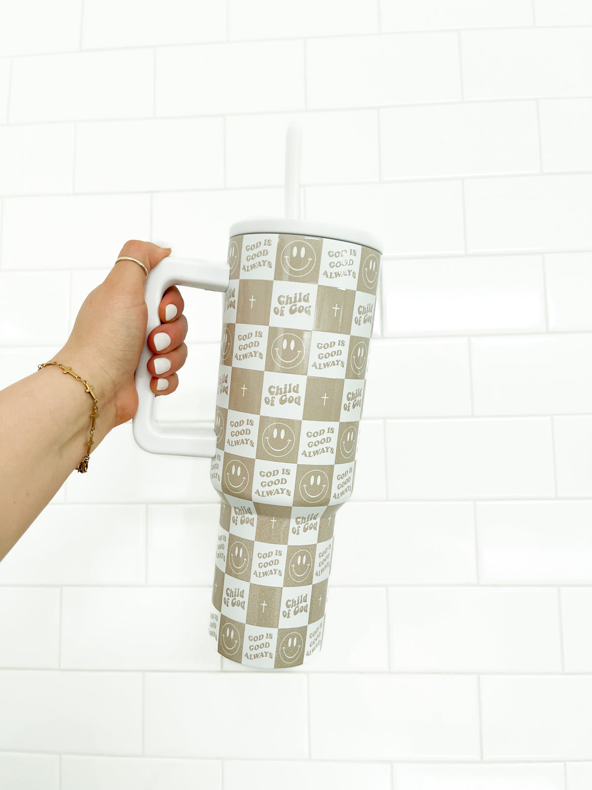 Checkered Child of God Handle Tumbler