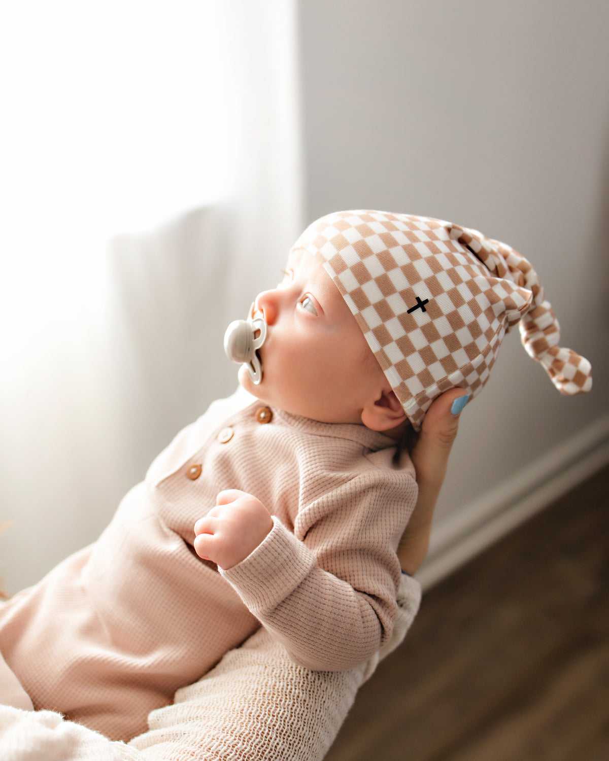 Checker Topknot Baby Beanie