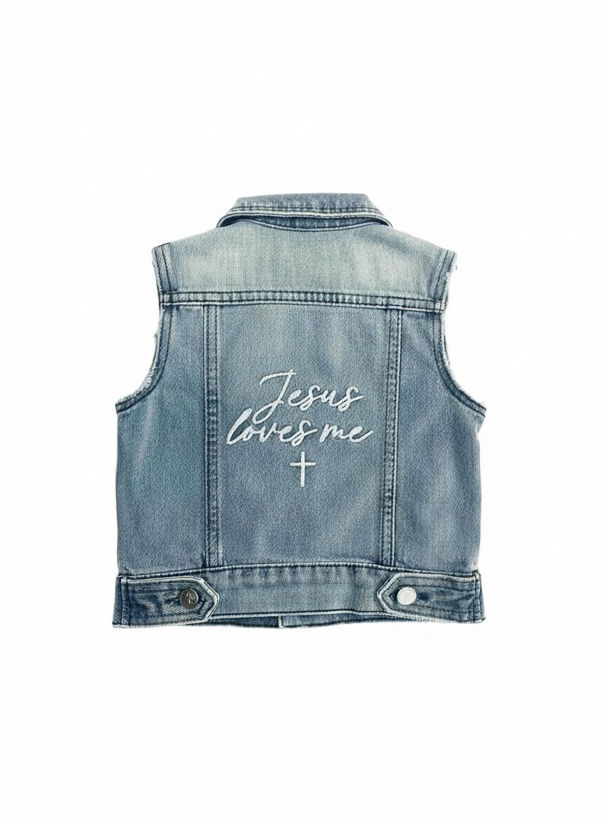 Jesus Loves Me Embroidered Distressed Denim Vest