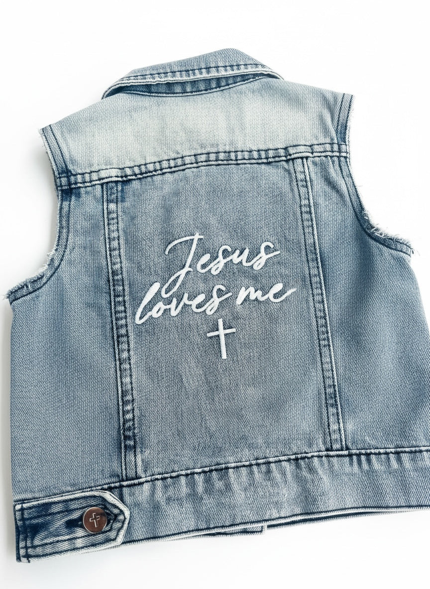 Jesus Loves Me Embroidered Distressed Denim Vest