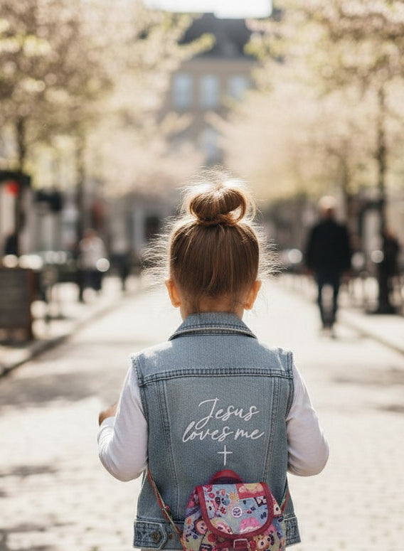 Jesus Loves Me Embroidered Distressed Denim Vest