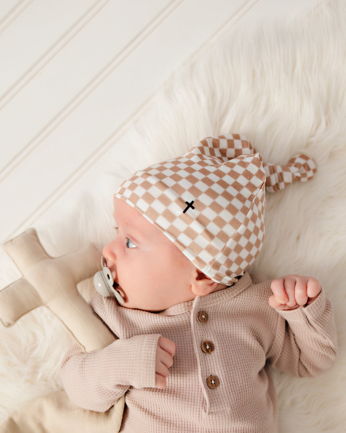 Checker Topknot Baby Beanie